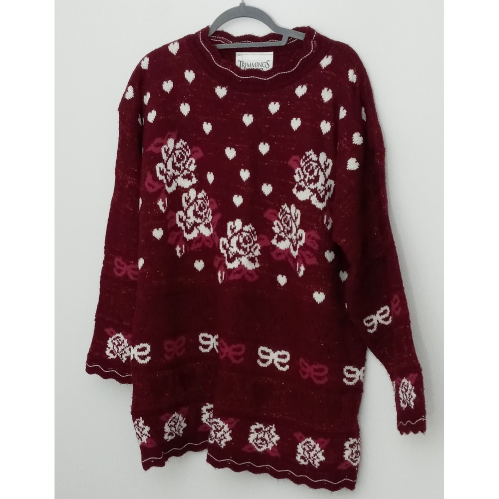 Trimmings Sweater Women's Size 22W Pullover Red Pink Hearts Bow Floral Vintage